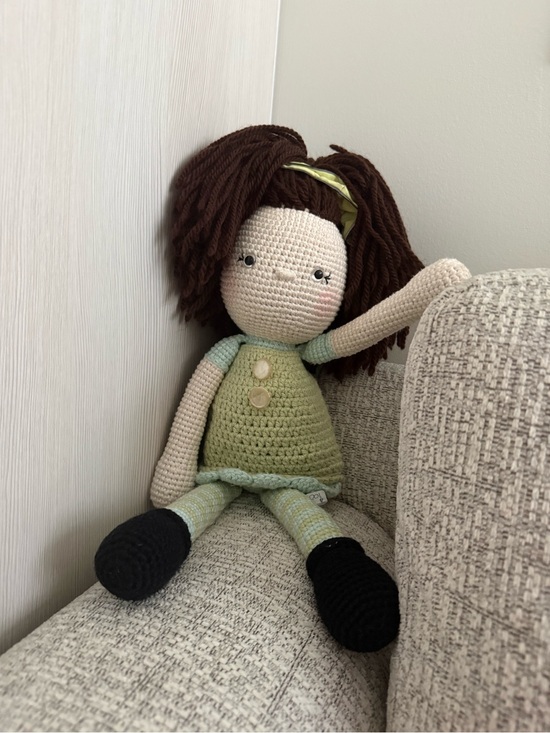 Handmade Other - Handmade Cream & Green Crochet Girl Doll with Brown Hair